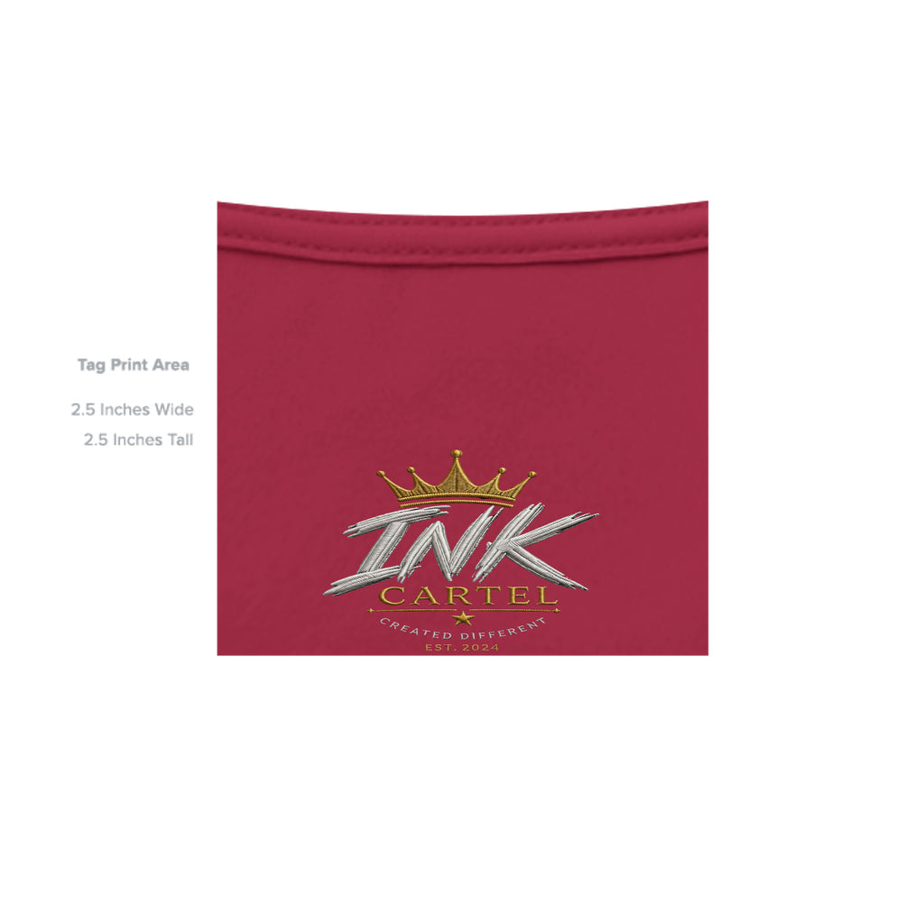 Red fabric with 'INK CARTEL' logo and text on a white background