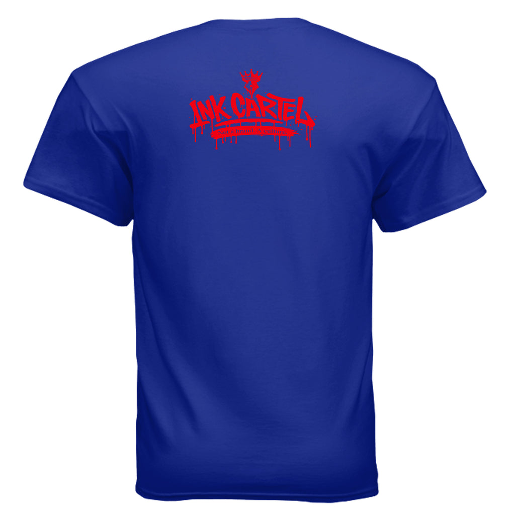 Blue t-shirt with red 'Ink Cartel' logo on the back against a white background
