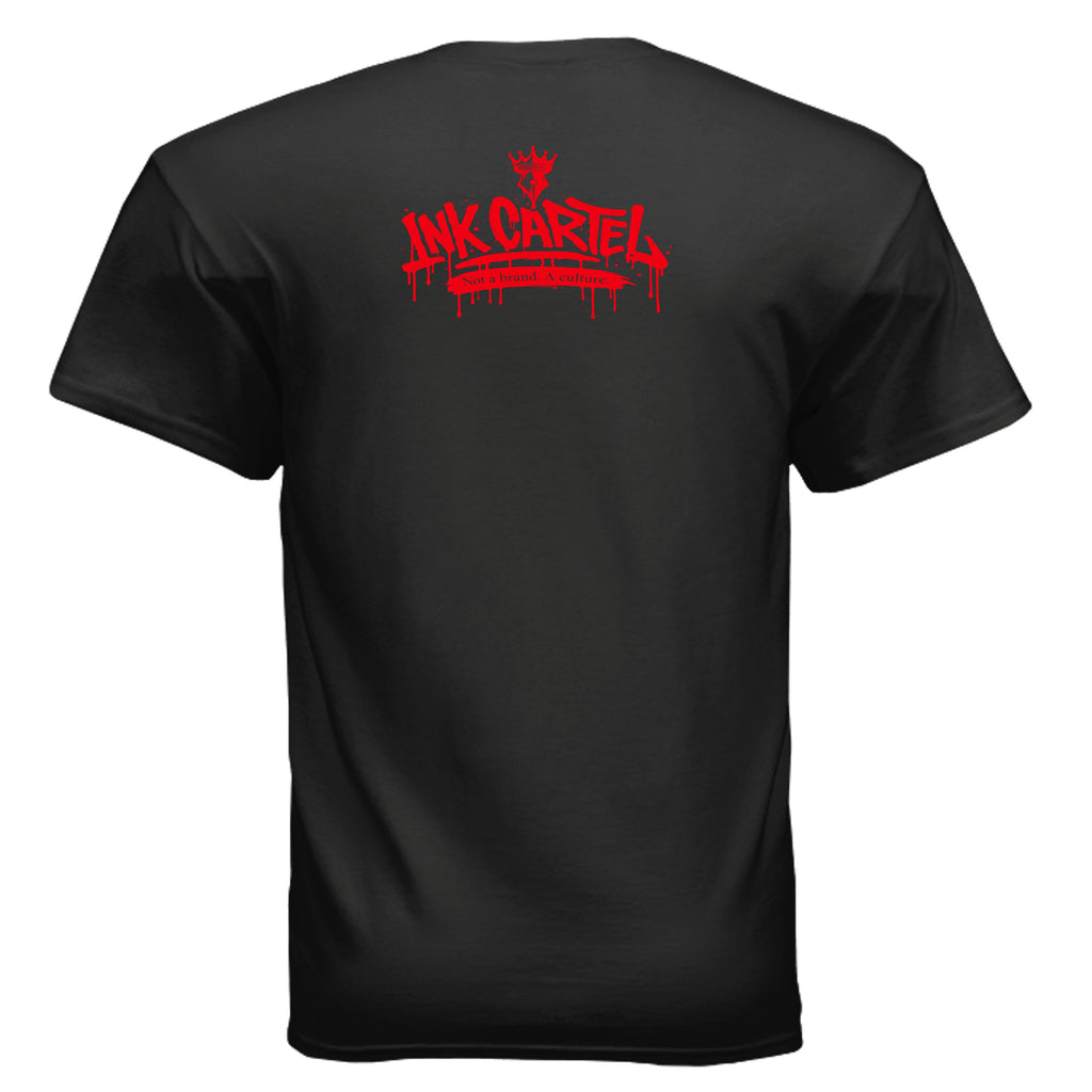 Black t-shirt with red 'Ink Cartel' logo on the back against a white background