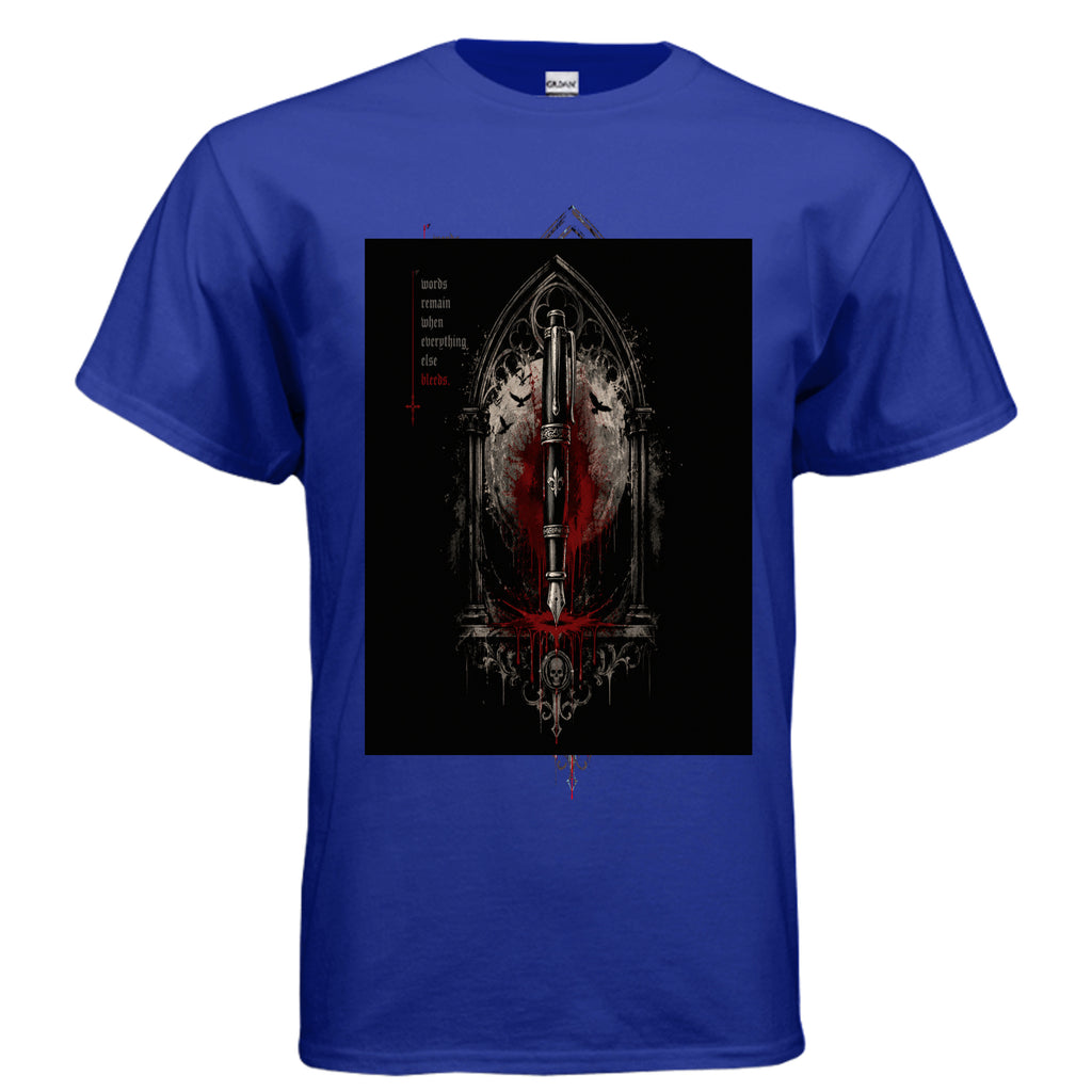 Blue t-shirt with a black graphic design on a white background
