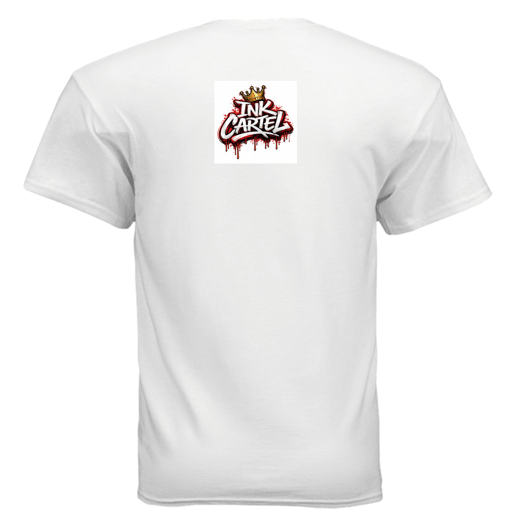 White t-shirt with 'Ink Cariel' logo on a white background