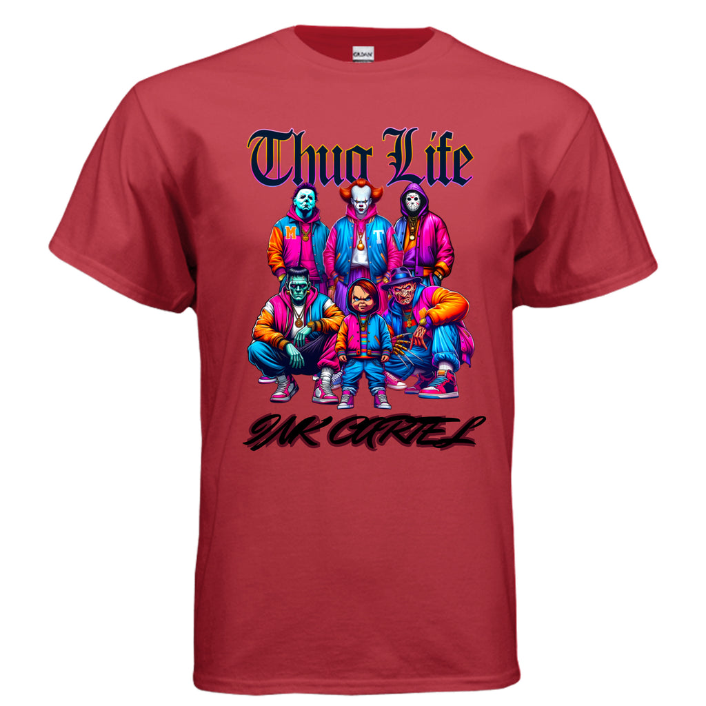 Red t-shirt with graphic design of six people in colorful outfits and 'Thug Life' text on a white background.