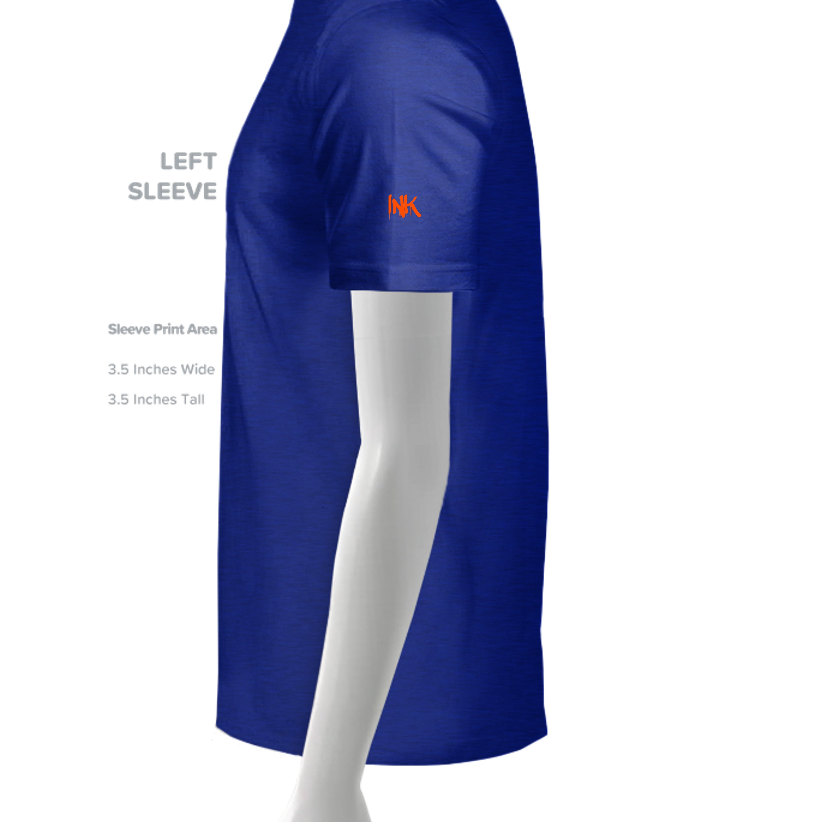 Blue shirt with a logo on the sleeve against a white background