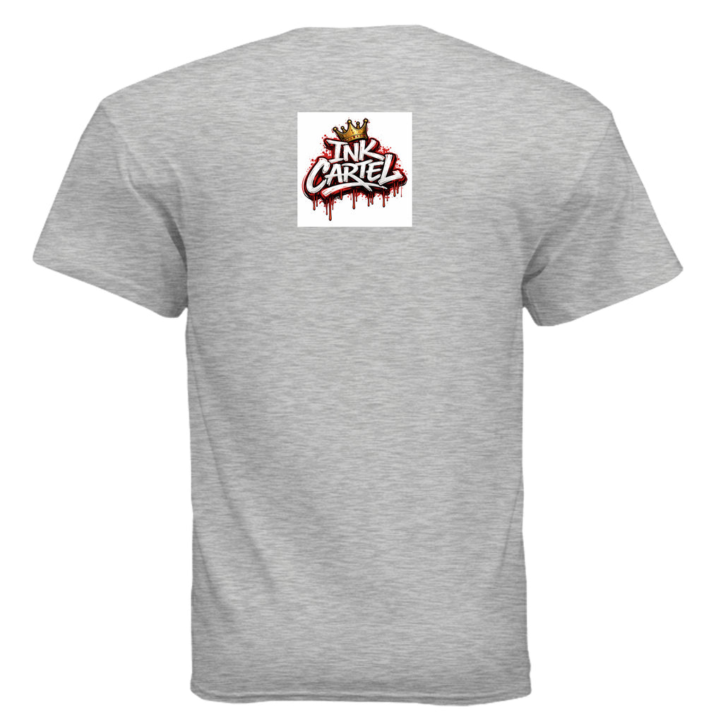 Gray t-shirt with a logo on the back against a white background