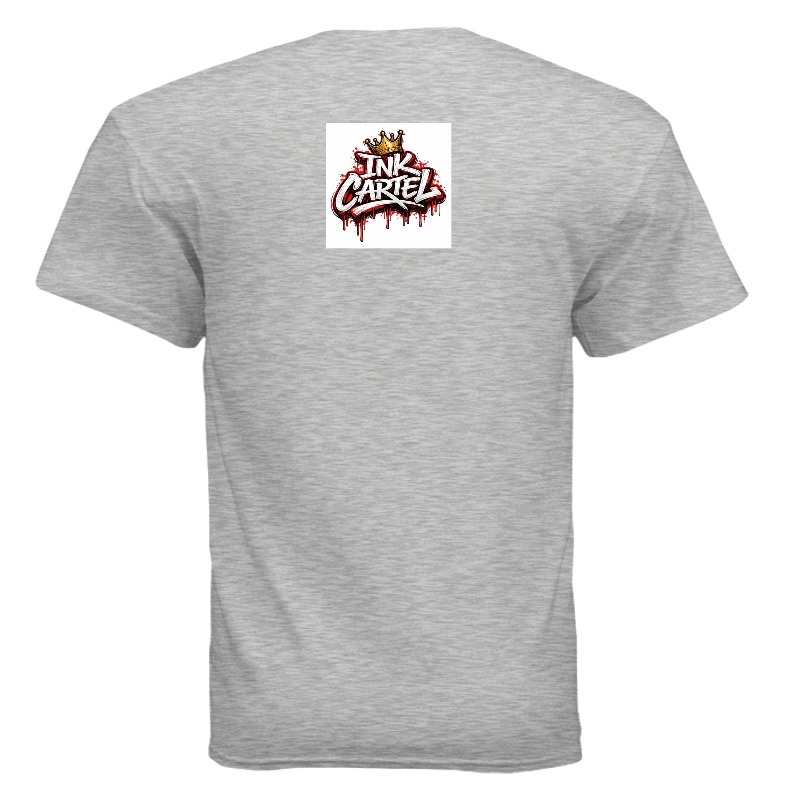 Gray t-shirt with a logo on the back against a white background