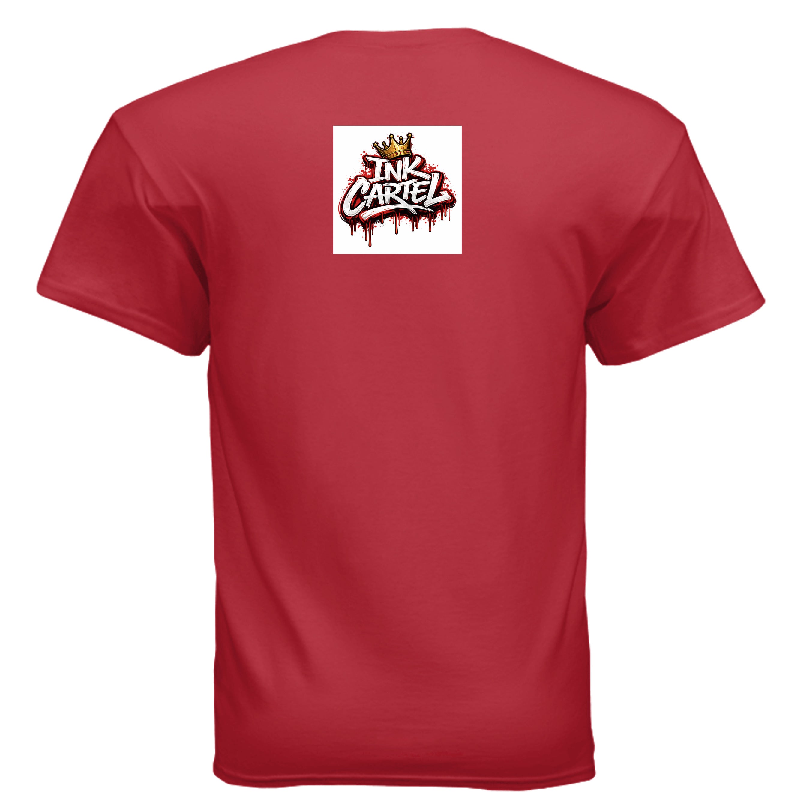 Red t-shirt with a logo on the back against a white background