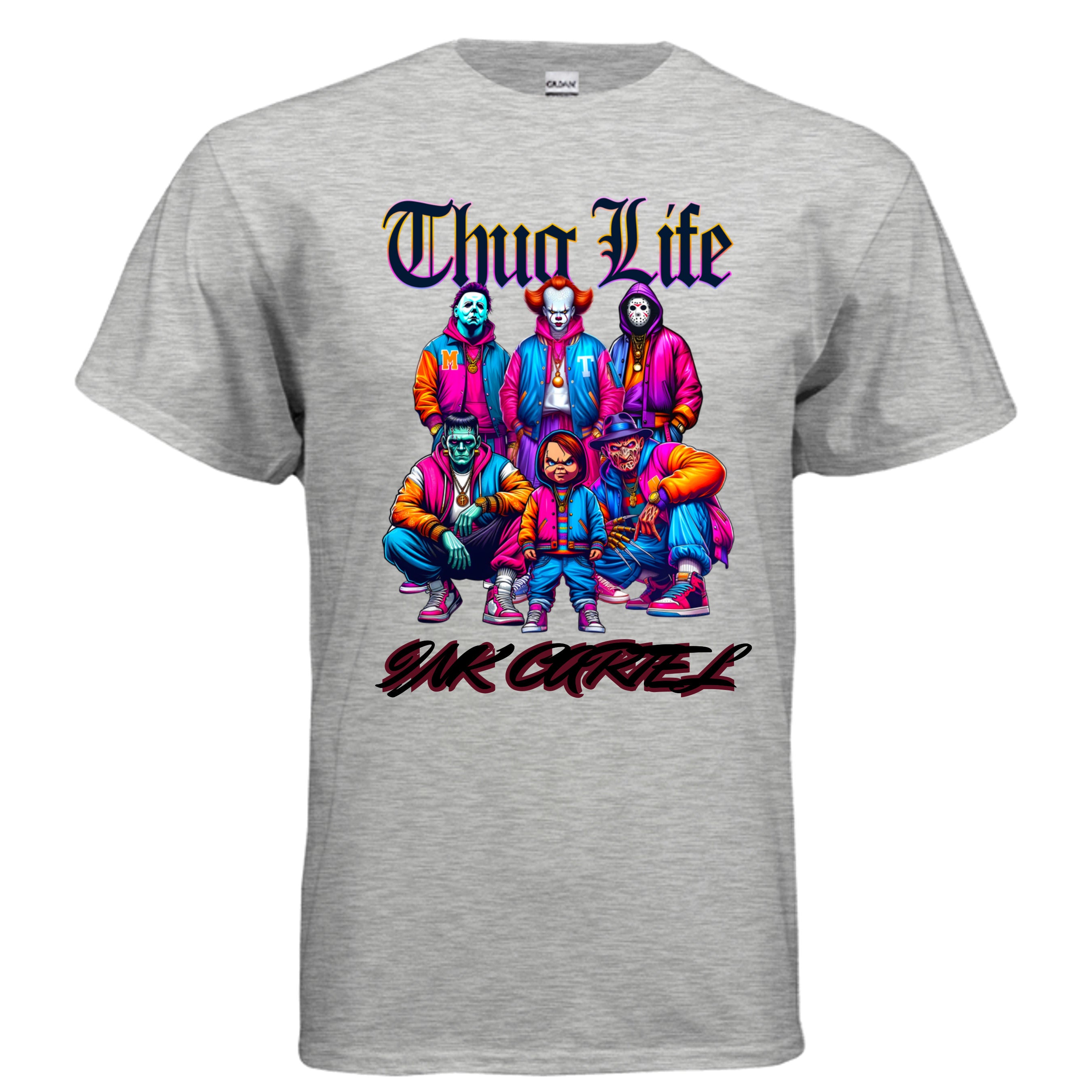 Gray t-shirt with colorful graphic design and text on a white background