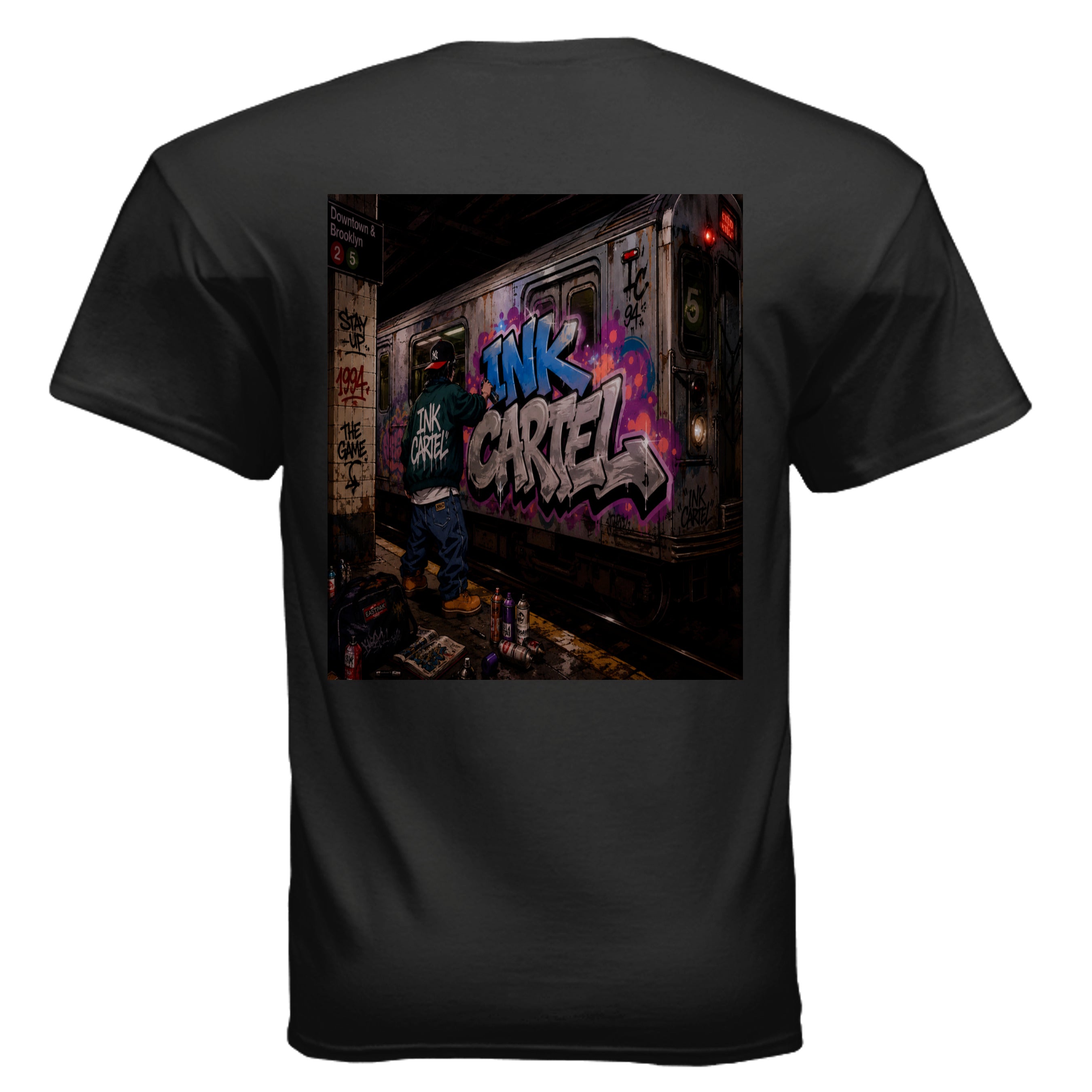 Anime-style illustration of a 90s teenager wearing an Ink Cartel jacket while spray painting graffiti on a subway train in a dark underground tunnel, inspired by urban street culture, graffiti art, and underground fashion.