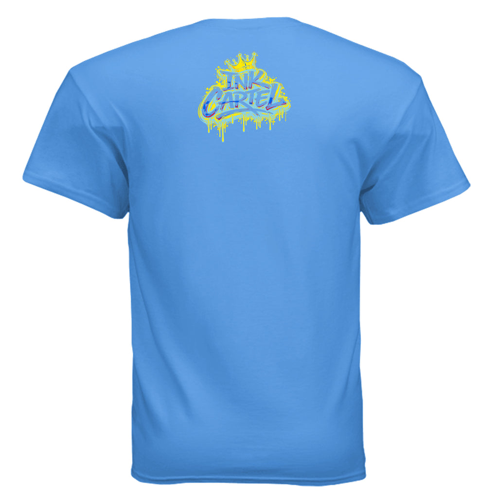 Comic-inspired superhero leaping toward the viewer with black ink splashing behind him on an Ink Cartel t-shirt.
