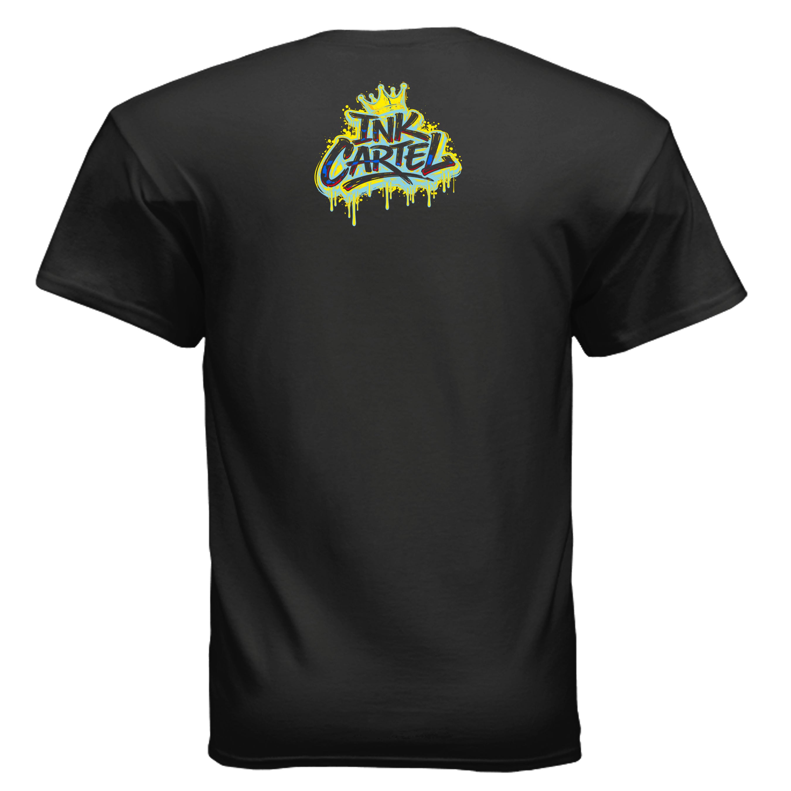 Comic-inspired superhero leaping toward the viewer with black ink splashing behind him on an Ink Cartel t-shirt.