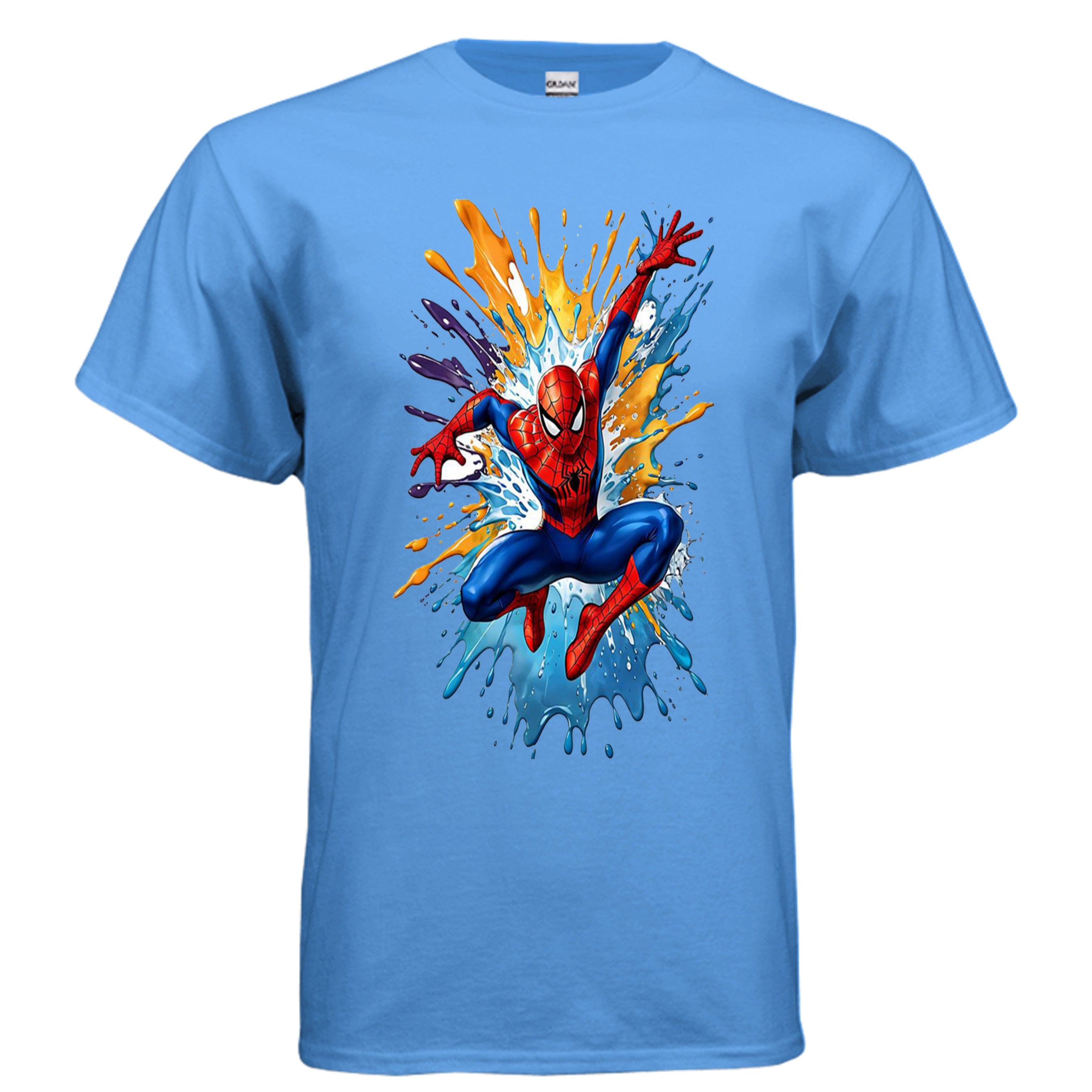 Comic-inspired superhero leaping toward the viewer with black ink splashing behind him on an Ink Cartel t-shirt.