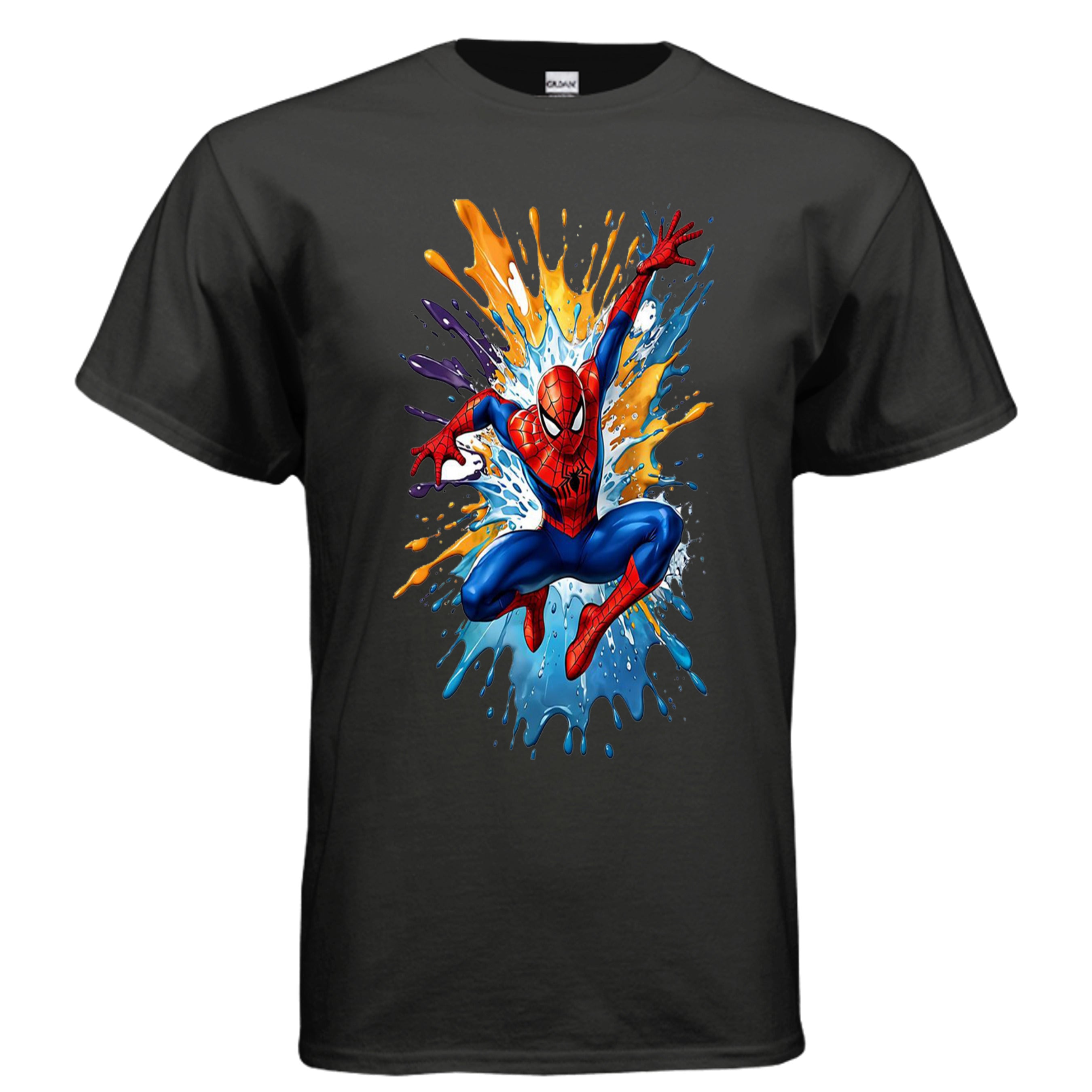 Comic-inspired superhero leaping toward the viewer with black ink splashing behind him on an Ink Cartel t-shirt.