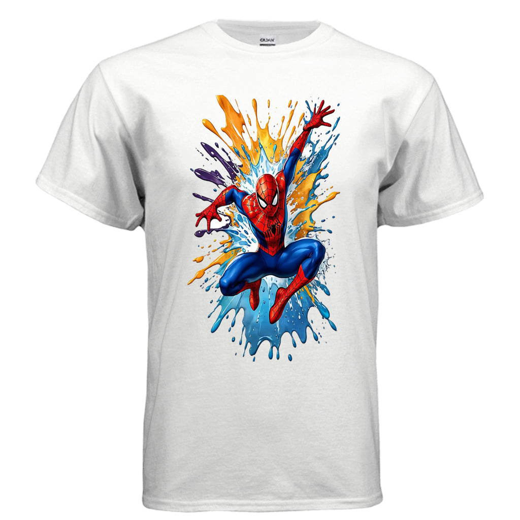 Comic-inspired superhero leaping toward the viewer with black ink splashing behind him on an Ink Cartel t-shirt.