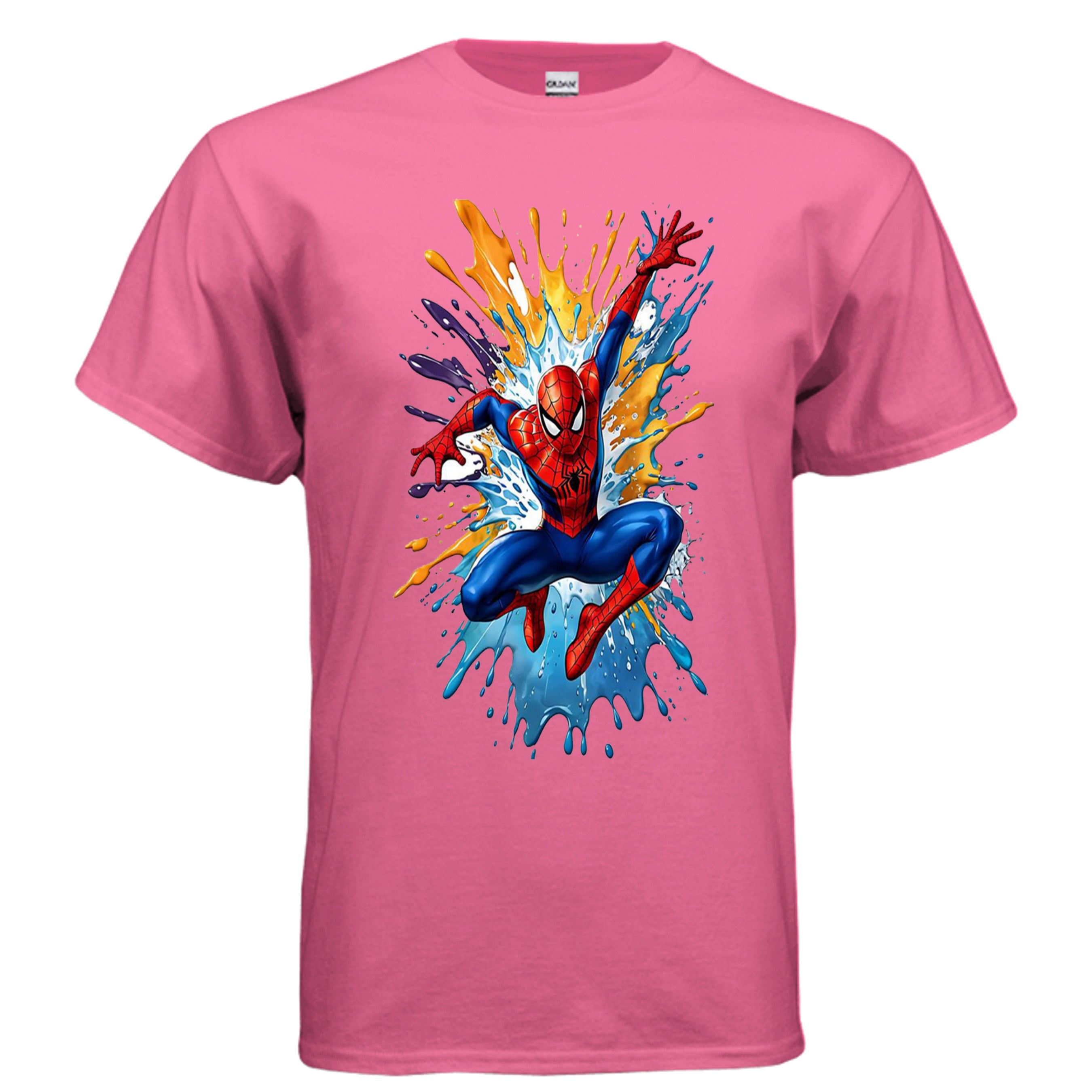  Comic-inspired superhero leaping toward the viewer with black ink splashing behind him on an Ink Cartel t-shirt.