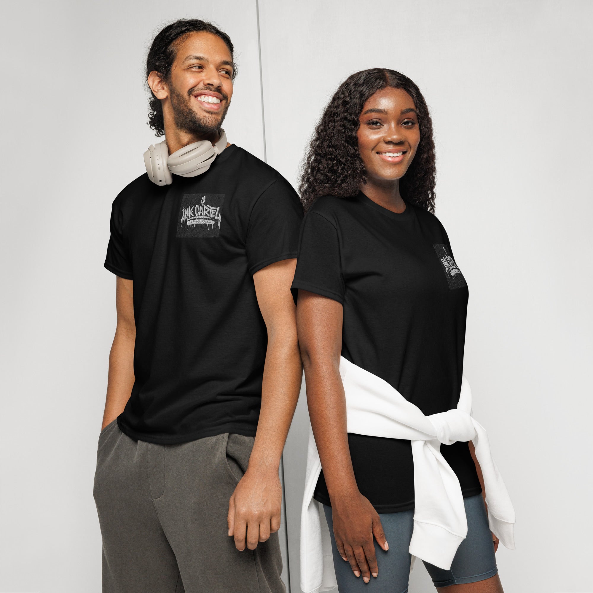 ink cartel logo embrida  on upper right of shirt 