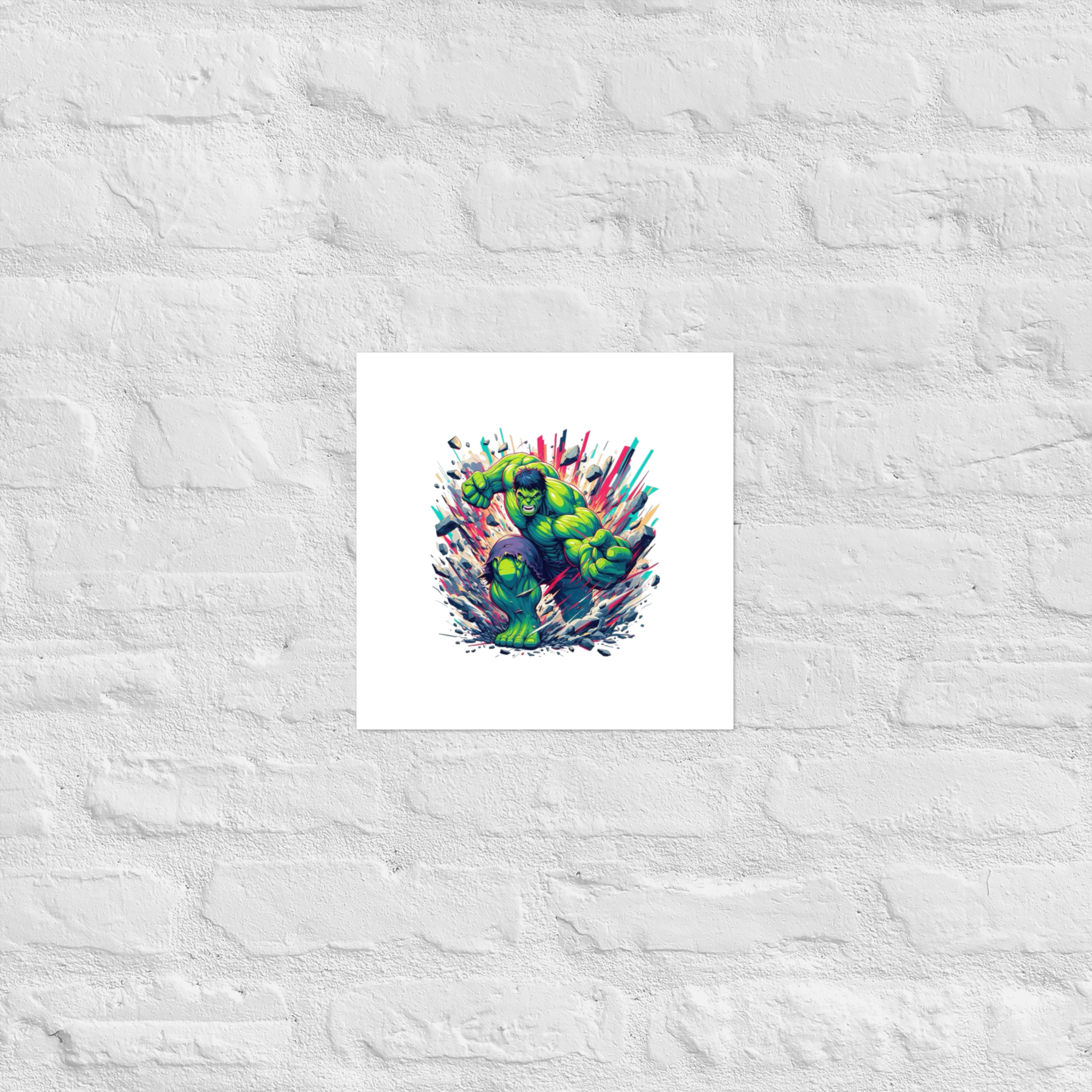 Colorful abstract art print on a textured white wall