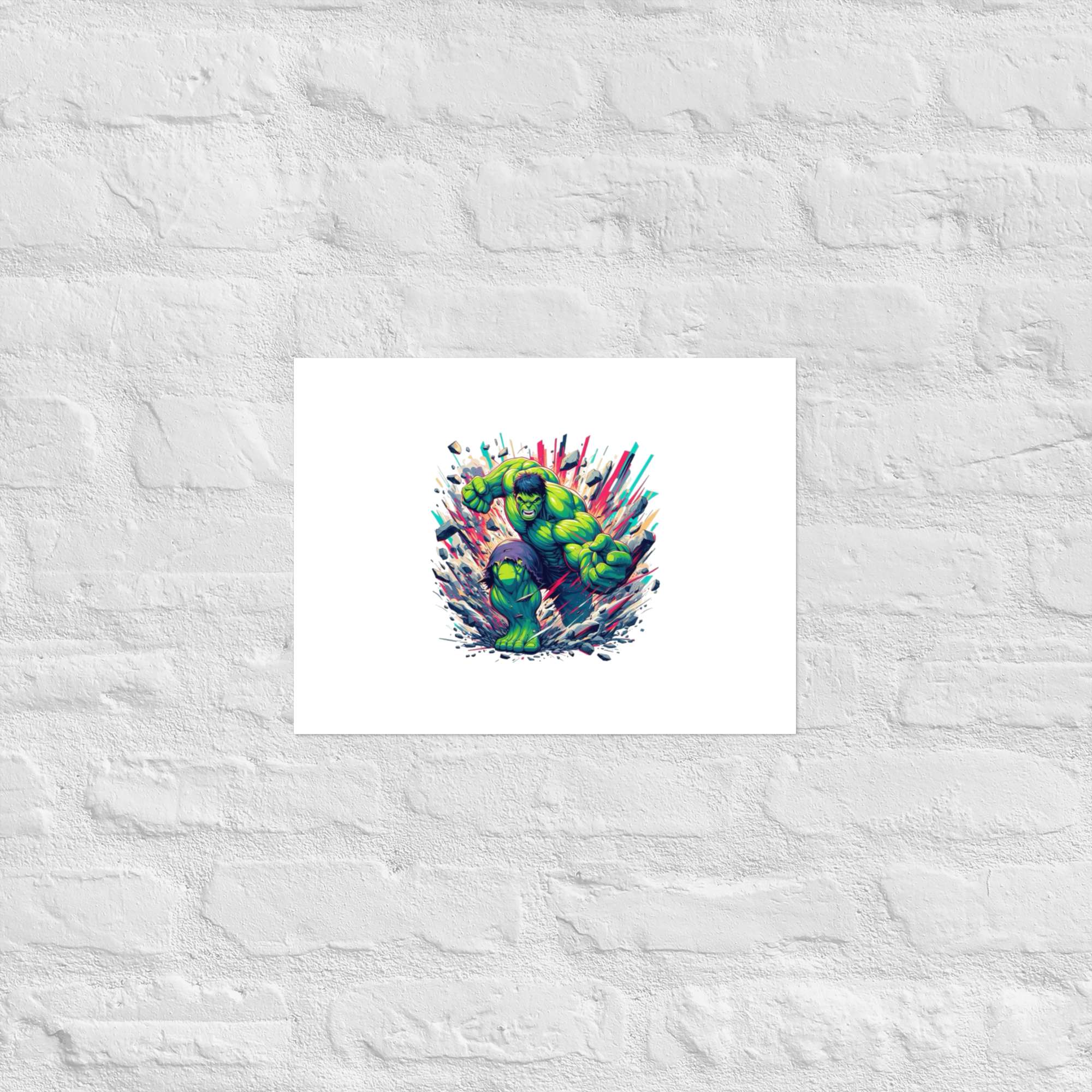 Colorful abstract art print on a textured white wall
