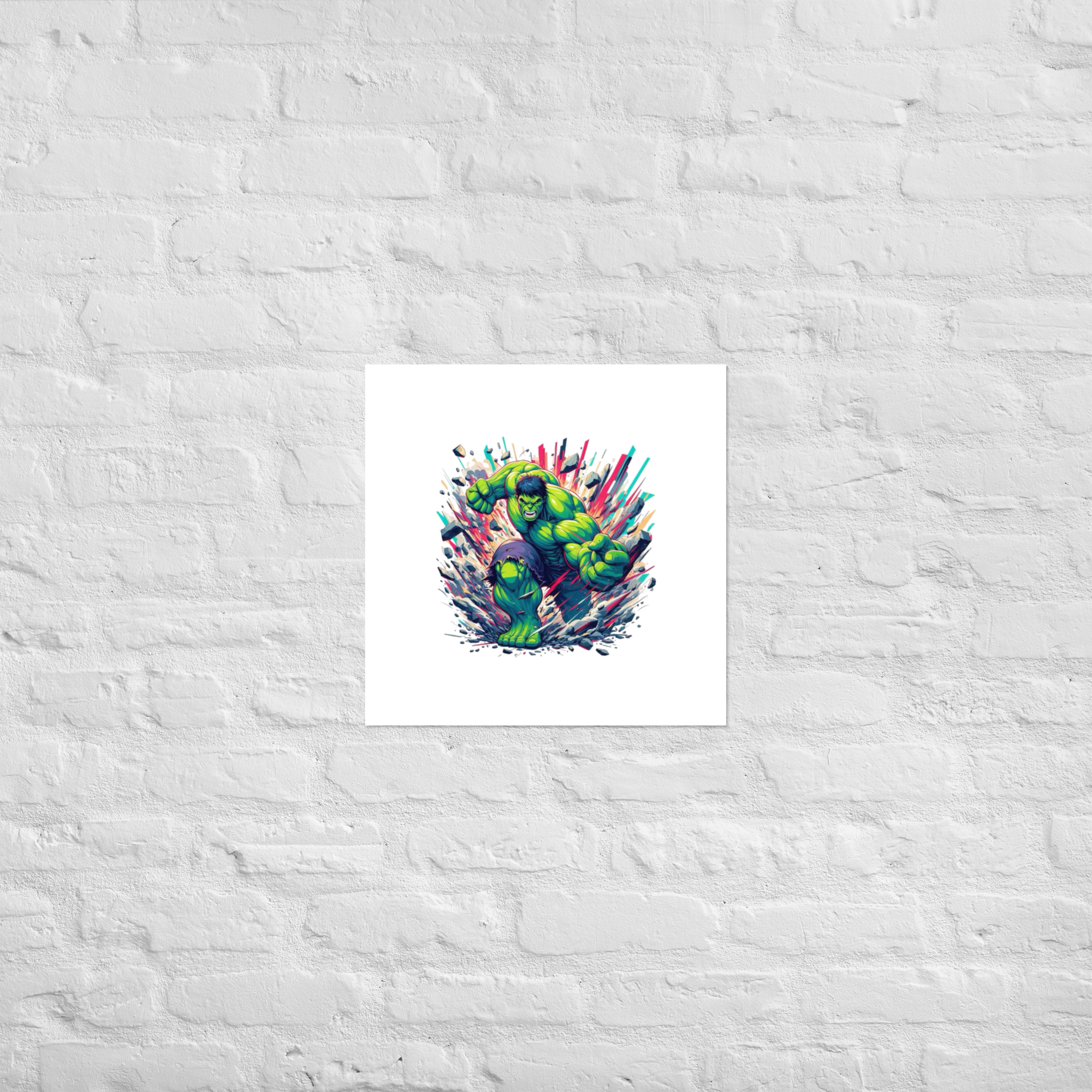 Colorful abstract art print on a textured white wall