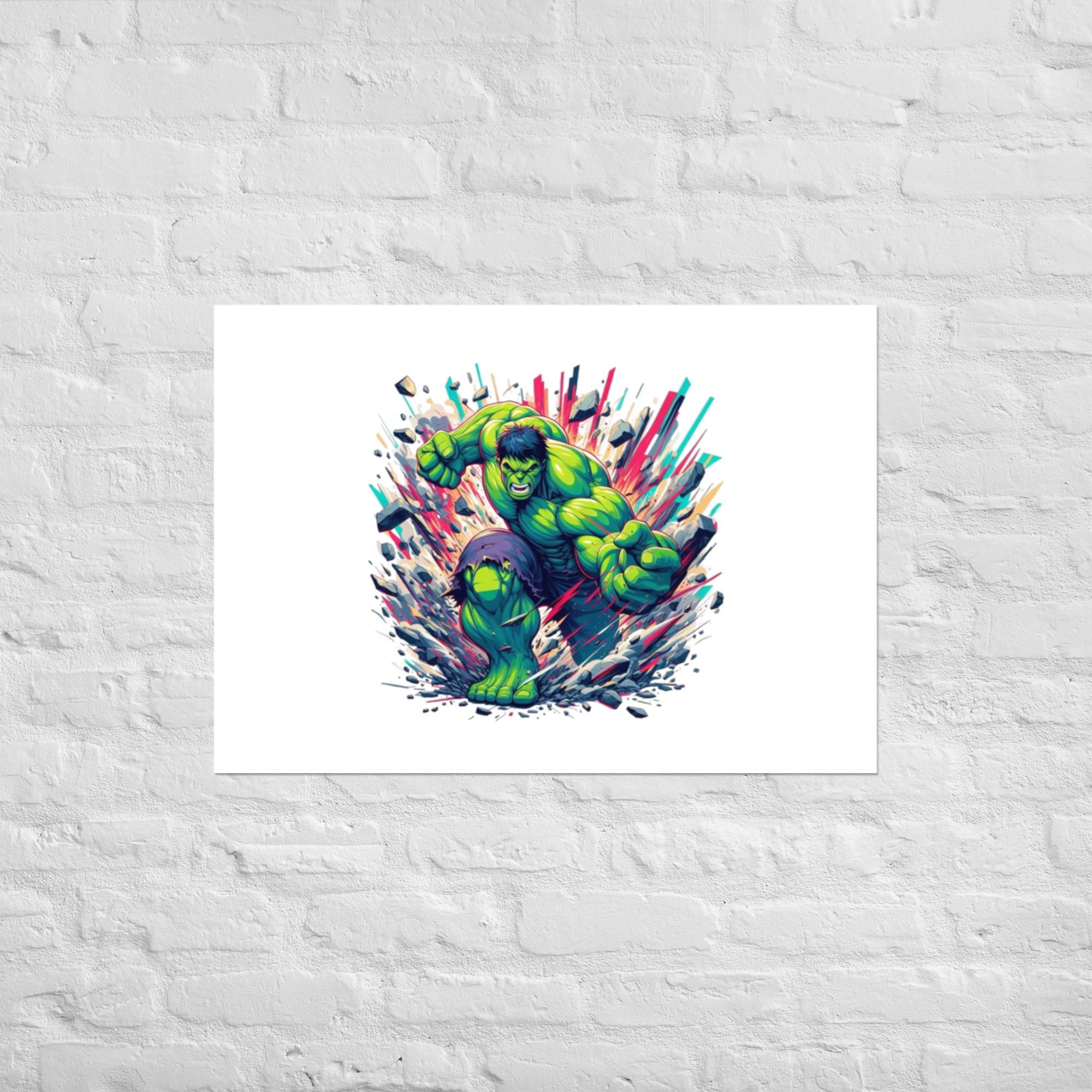 Colorful illustration of a superhero on a white brick wall background