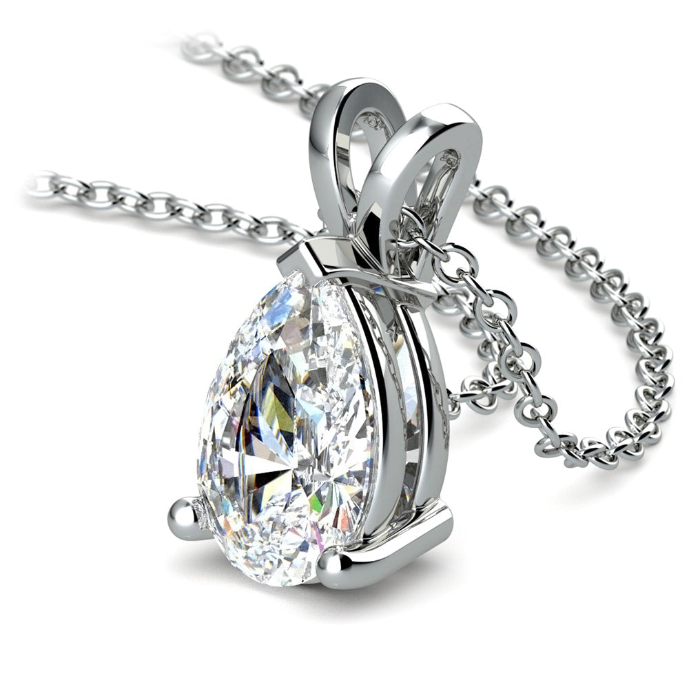 Diamond necklace with a pear-shaped pendant on a white background