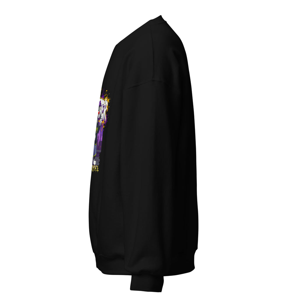 Black sweatshirt with colorful graphic on sleeve against a white background