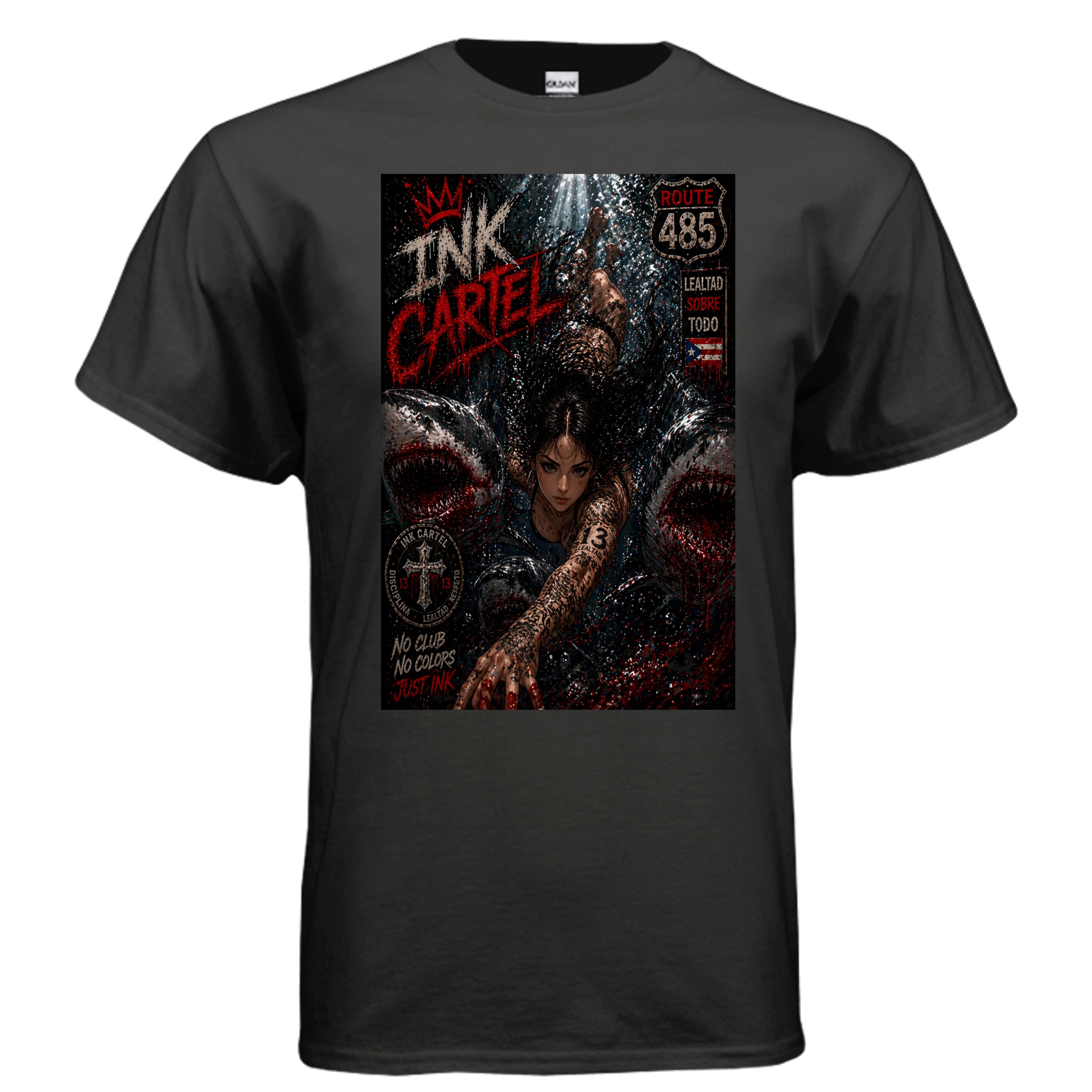 Black t-shirt with a graphic design featuring a woman with tattoos and text on a white background