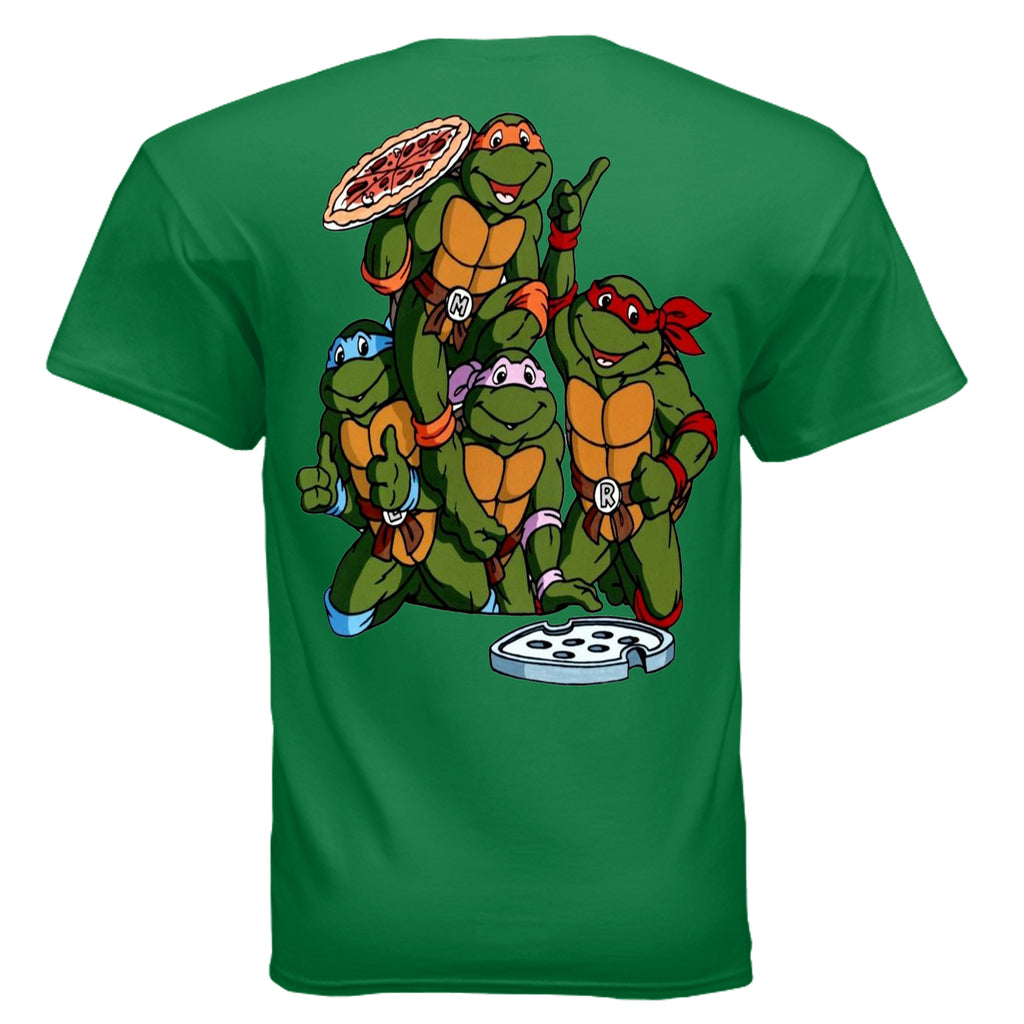 graphic T-shirt featuring a retro-inspired cartoon logo on the front and a large back print of four pizza-loving turtle heroes gathered together eating pizza. Designed in a nostalgic 90s cartoon style with bold colors and streetwear appeal from Ink Cartel’s Class-Sick Cartoon Drip collection.