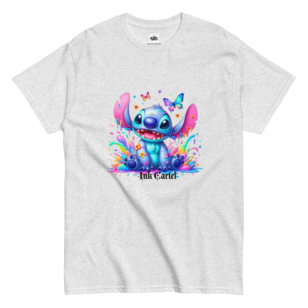  Ink Cartel exclusive streetwear design showing a cartoon-style blue character splashing through dripping black and colorful ink, creating a bold graffiti-inspired visual on a premium t-shirt
