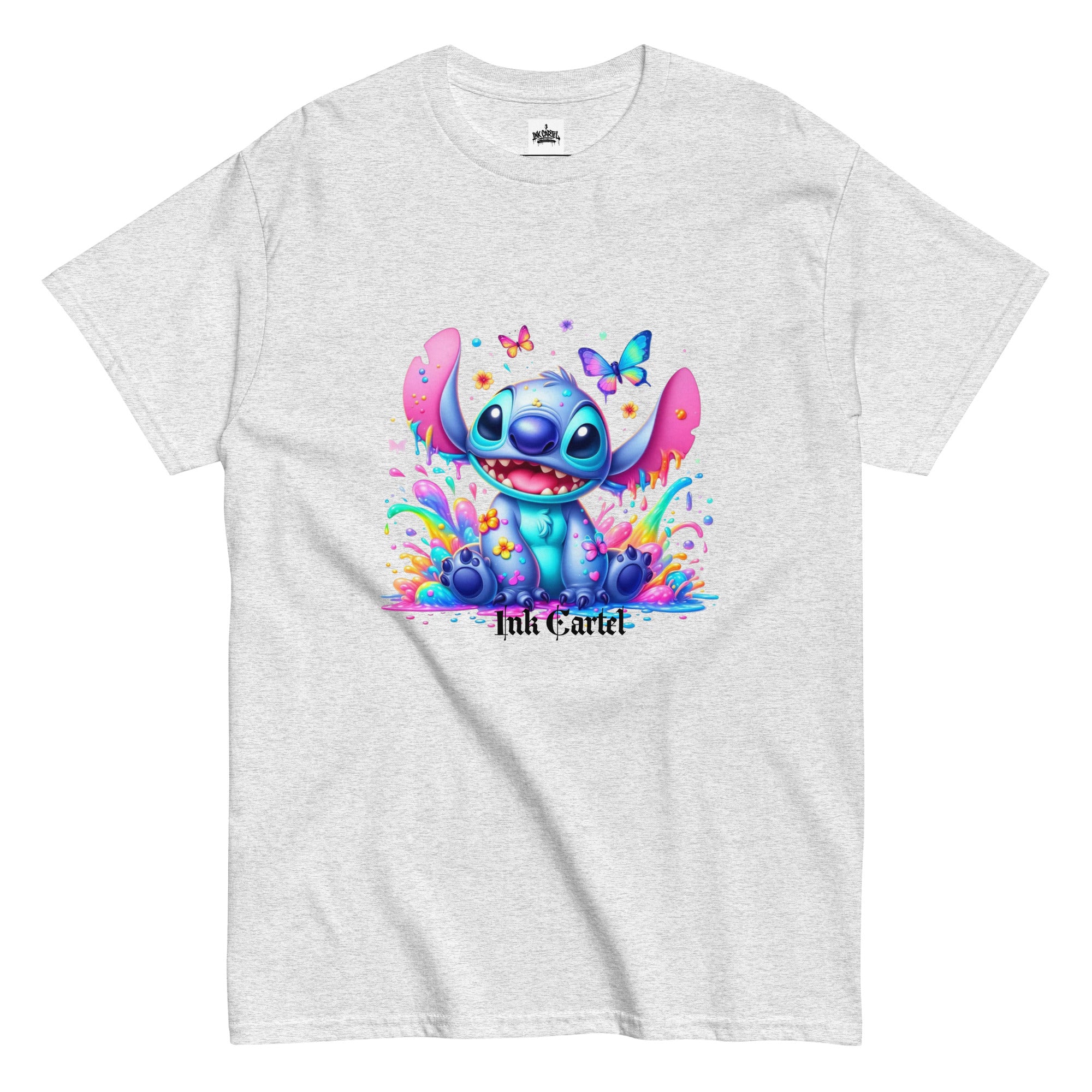  Ink Cartel exclusive streetwear design showing a cartoon-style blue character splashing through dripping black and colorful ink, creating a bold graffiti-inspired visual on a premium t-shirt