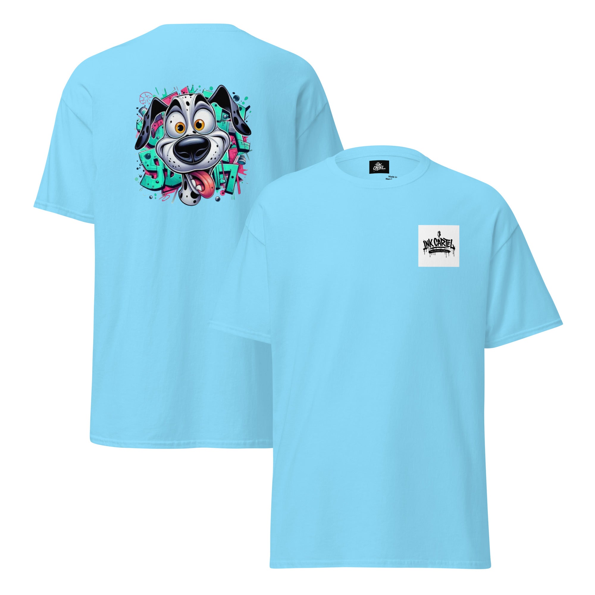 Light blue t-shirt with a cartoon character design on the front and back, displayed against a white background.